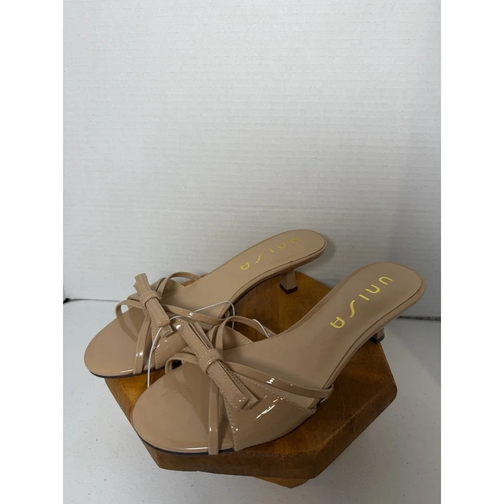 Unisa Nude Patent Bow Mule Heels Womens‎ 7.5M Slip On Kitten Heel Sandals NWOB